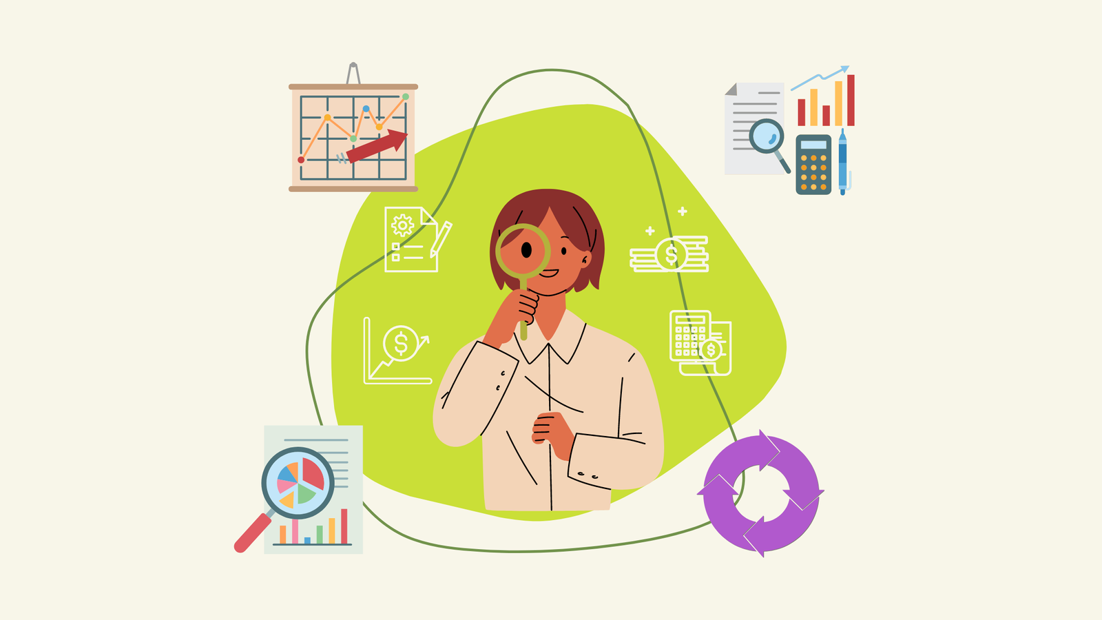 Graphic of a person holding a magnifying glass with several icons around her related to compensation and performance.