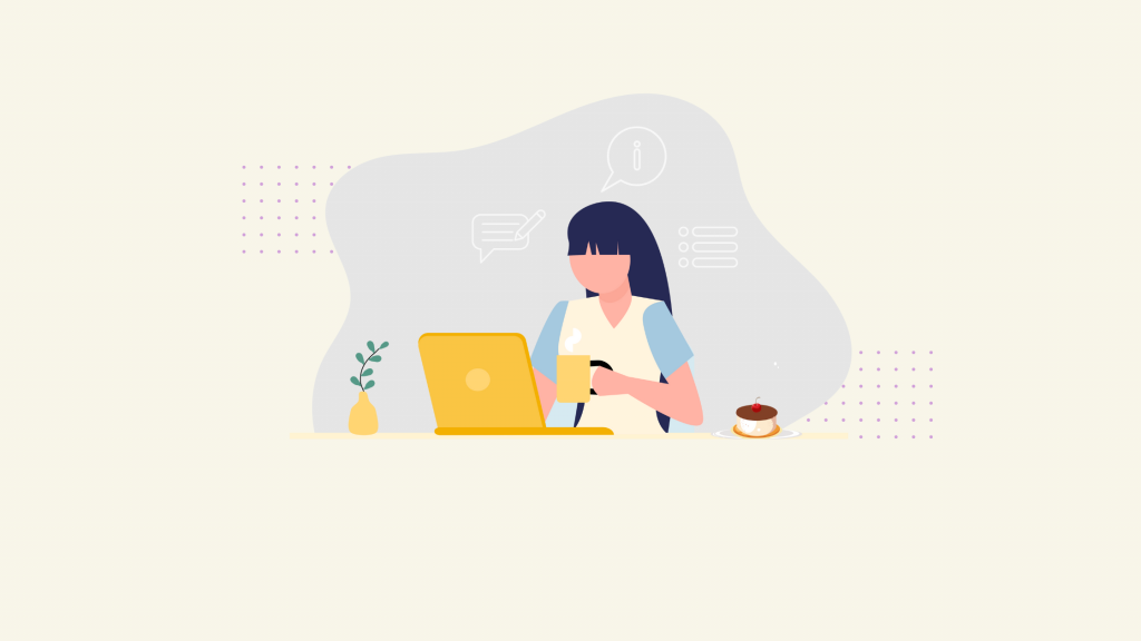 Graphic of a woman sitting beind a laptop drinking a hot drink with a plant next to her