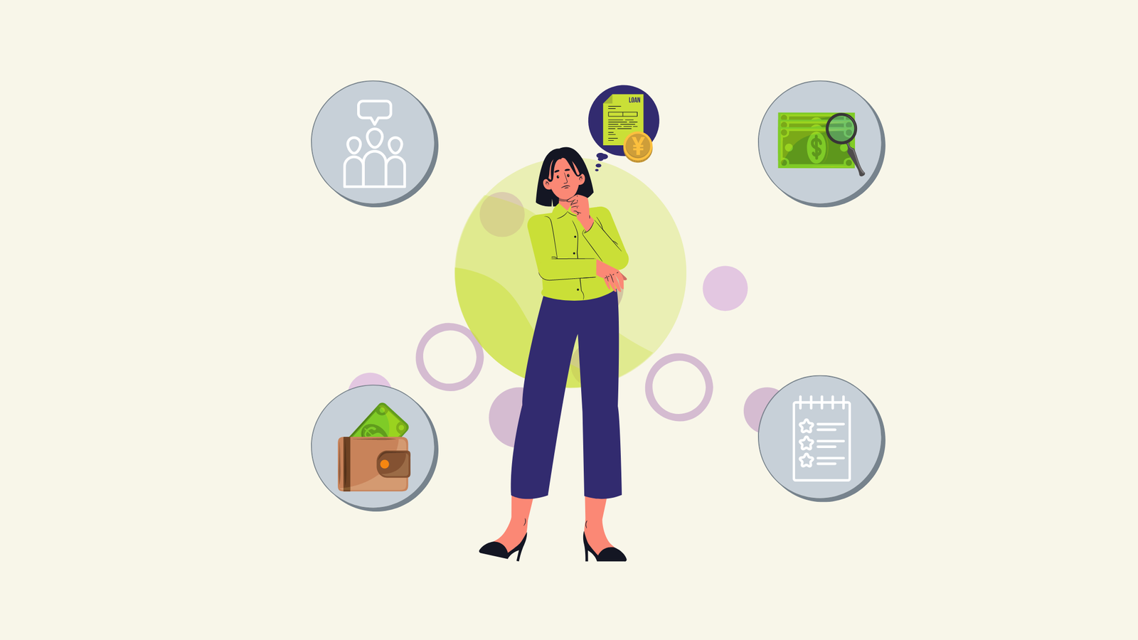 graphic of a woman standing and thinking with four icons around her and a thinking bubble above her head.