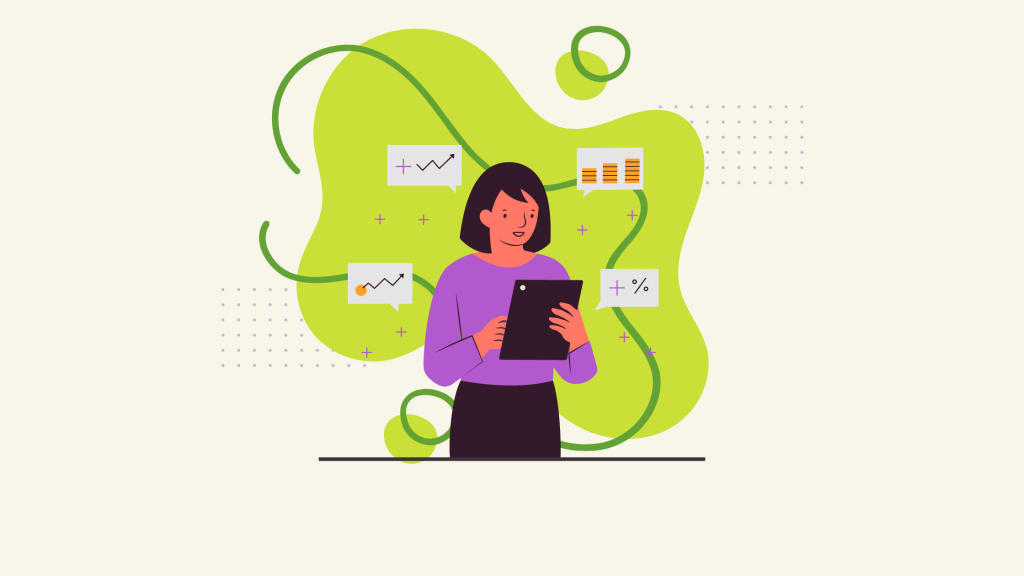 Graphic of a woman standing with a tablet and some icons around her relating to salary