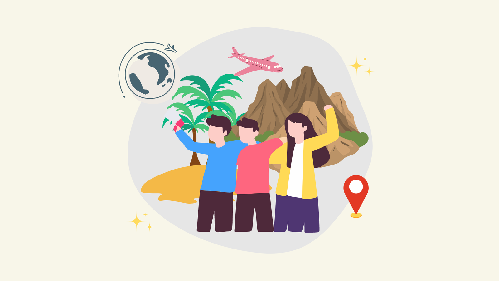 Graphic of 3 people shoulder to shoulder holding each other with mountains, palm trees and an airplane in the background.