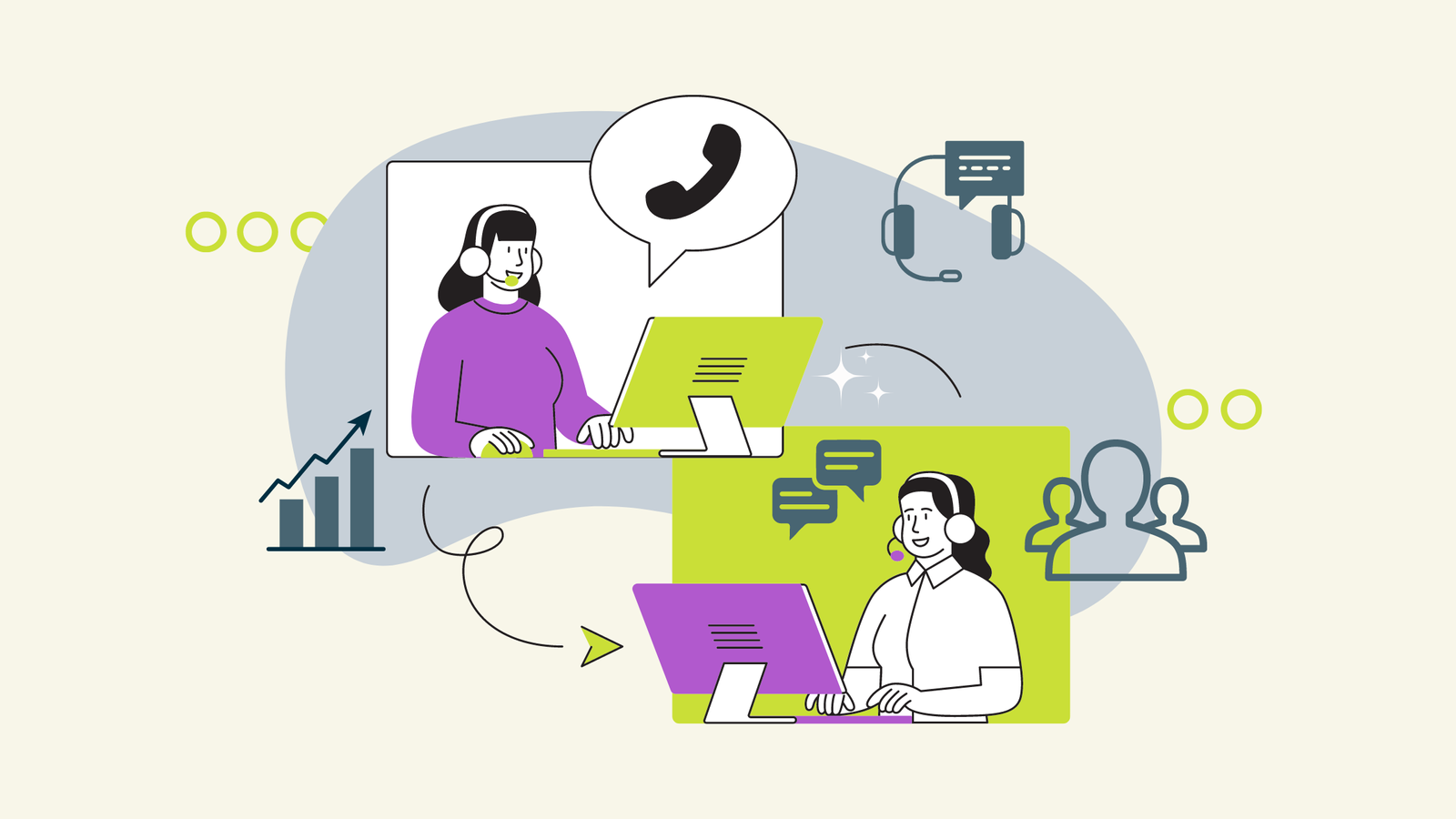 Graphic of two people sitting behind a comupter with a headset on talking. With some other icons around them which have to do with providing customer support.
