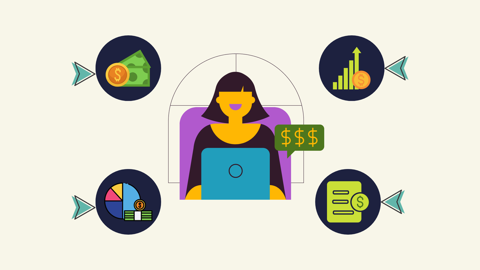 Graphic of a woman sitting behind a laptop with 4 icons around her about salary and an icon about money coming from the laptop.