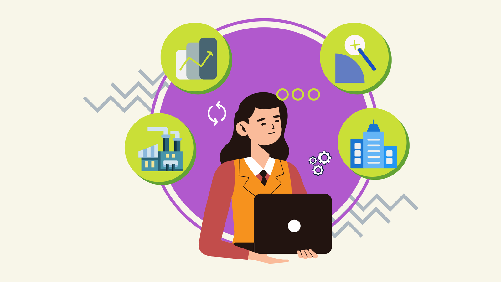 Graphic of a woman holding a laptop with several icons around her that have to do with basic industries.