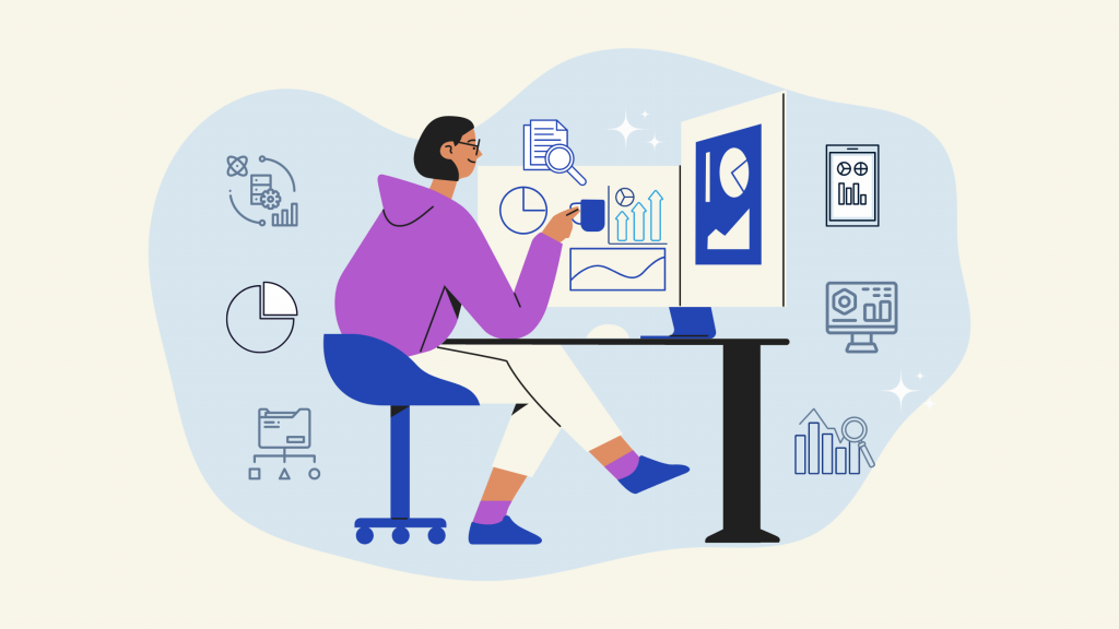 Graphic of a person sitting on a chair behind a desk looking at a computer with several icons around relating to data and data analytics.