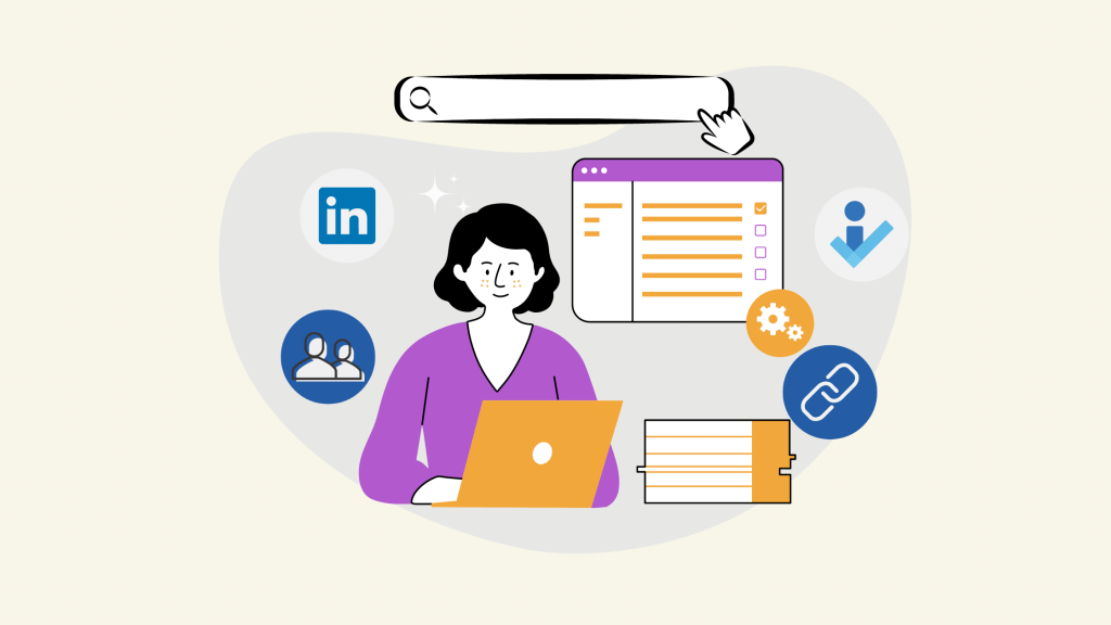 Graphic of a woman sitting behind a laptop with several icons around her about LinkedIn and search