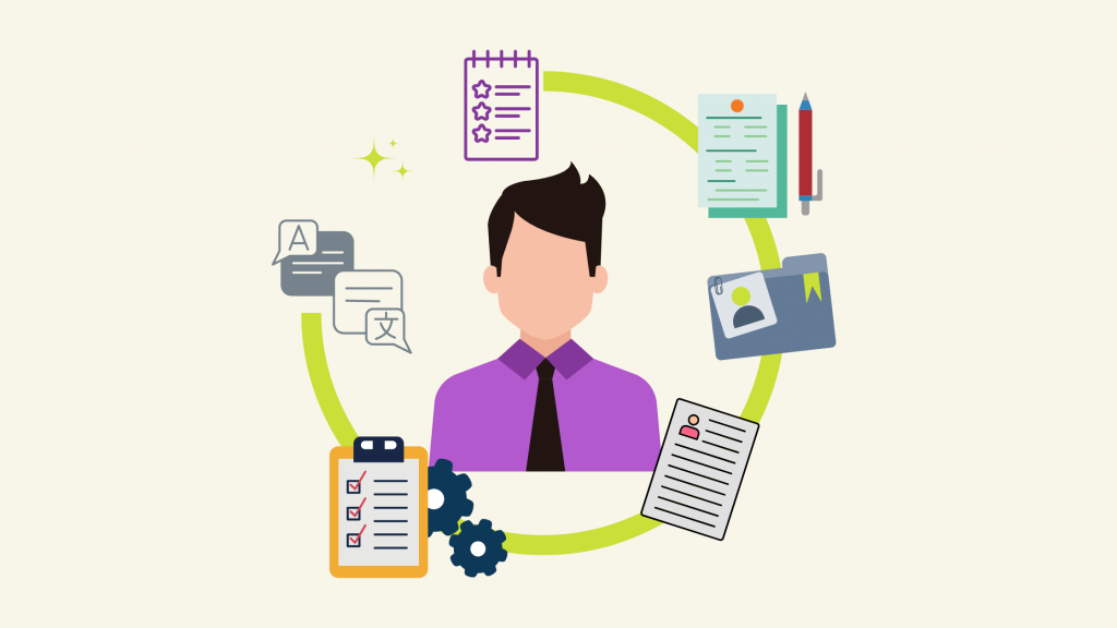 Graphic of a man with icons in a circle around him that have to do with resumes