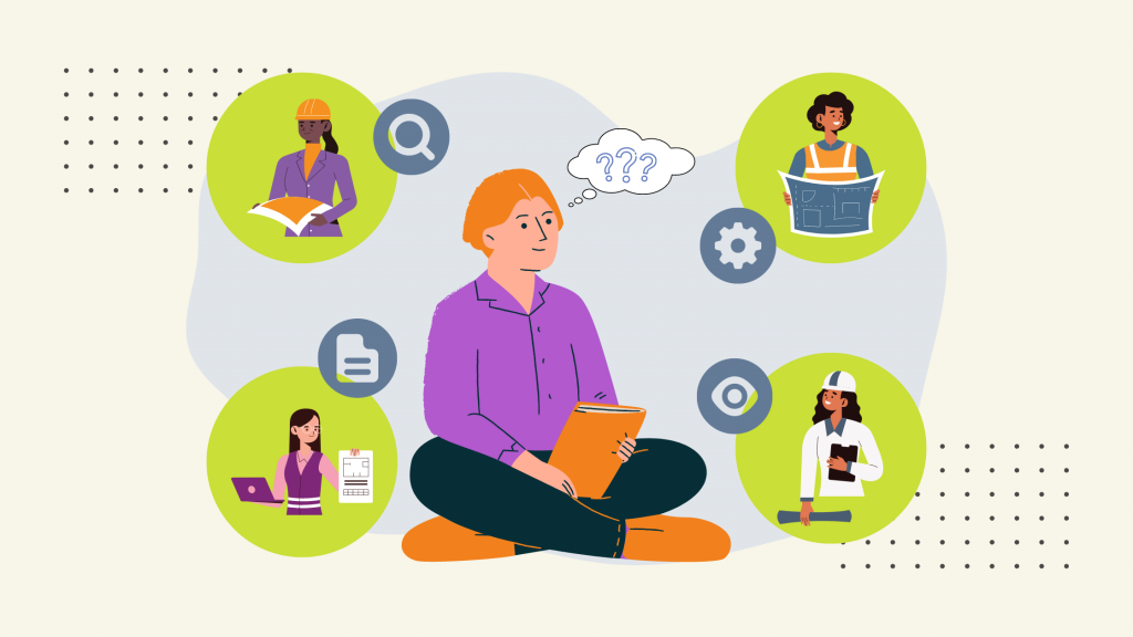 Graphic of a person sitting with a book thinking with 4 icons around him of people working in public utilities