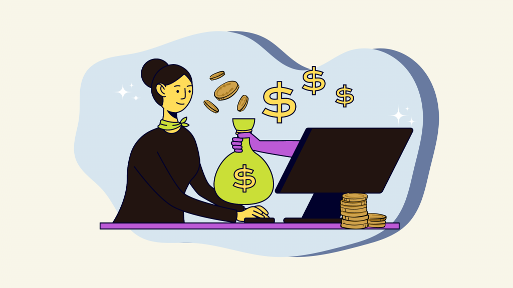 Graphic of a woman sitting behind a computer with an arm coming out of the computer holding a bag of money.