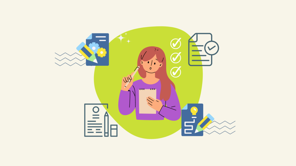 Graphic of a woman thinking with a notepad and a pen in her hand and four icons around her which are about writing a resume.